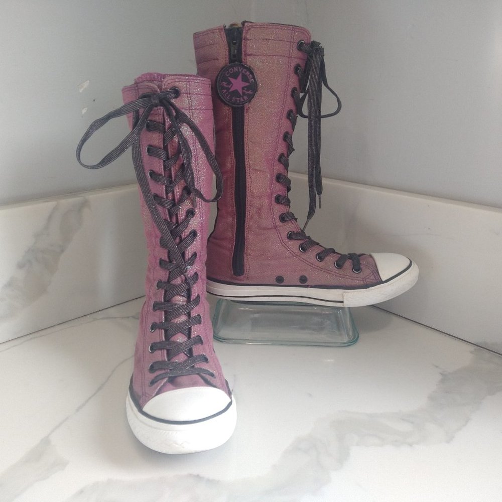 RARE Converse Kids Knee High Zip Up Boots Purple Glitter Little Girl Size 3